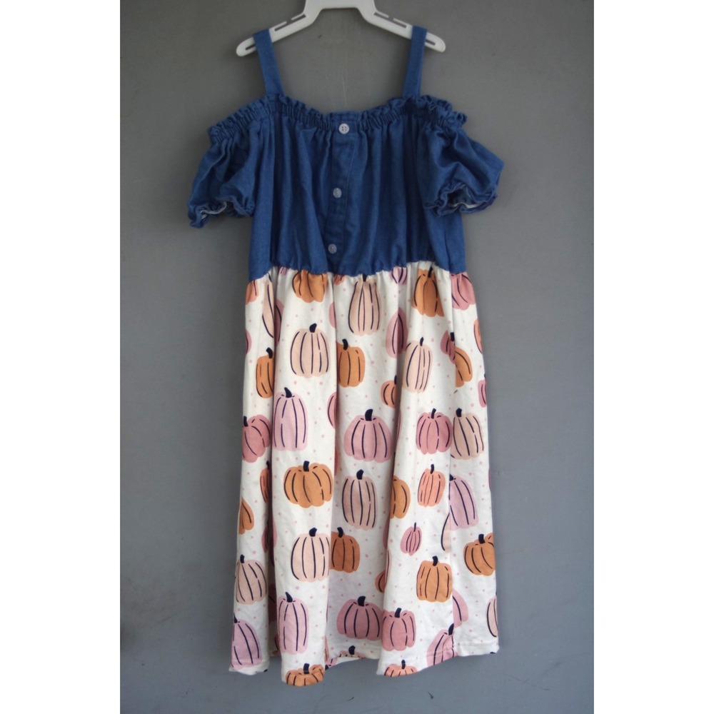 Pete and Lucy Denim and Pumpkin Print Dress Cold Shoulder Fall Autumn EUC 10/12